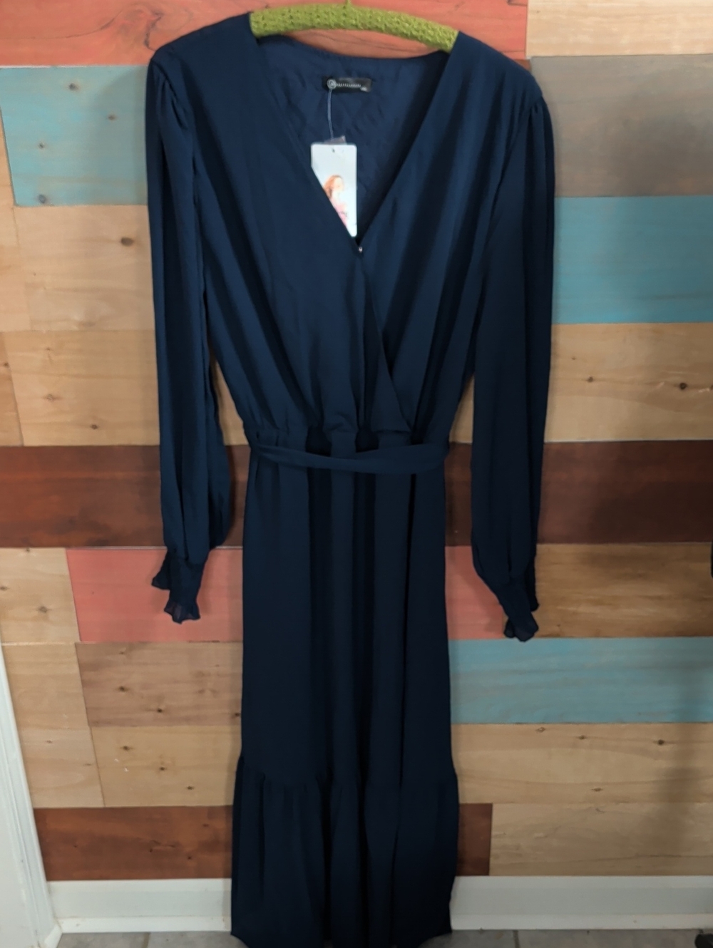 Navy Long-Sleeve Wrap-Front Maxi Dress with Waist Tie
